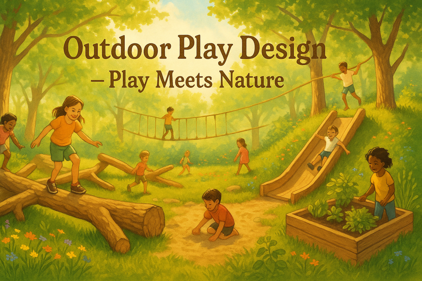 Image Concept: Children climbing, sliding, or balancing on natural play structures (logs, ropes, sandpit, mini garden).
Style: Nature-inspired with greens, wood textures, and sunshine.
Canva Elements to Search: outdoor playground, nature play, garden play.
Overlay Text: “Outdoor Play Design – Play Meets Nature”