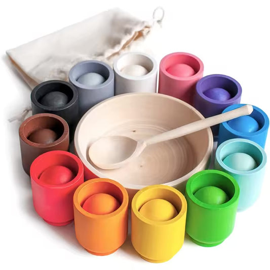 Rainbow Balls & Matching Cups Wooden Play Set — Sensory & Math Learning Toy (Ages 3-12)